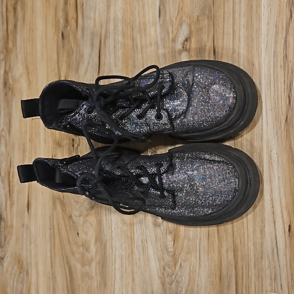 Zara black and silver holographic boots